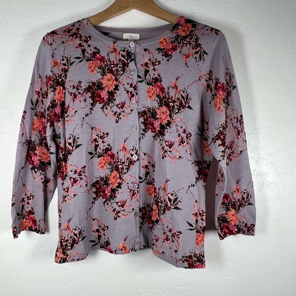 Garnet Hill Womens Lavender Floral 100% Merino Wool Cardigan Sweater Size M